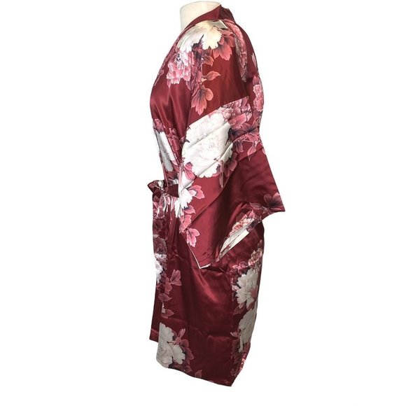 Asian-inspired Floral Kimono Robe Maroon Red w/Pink and White Flowers Womens OS - Picture 3 of 7